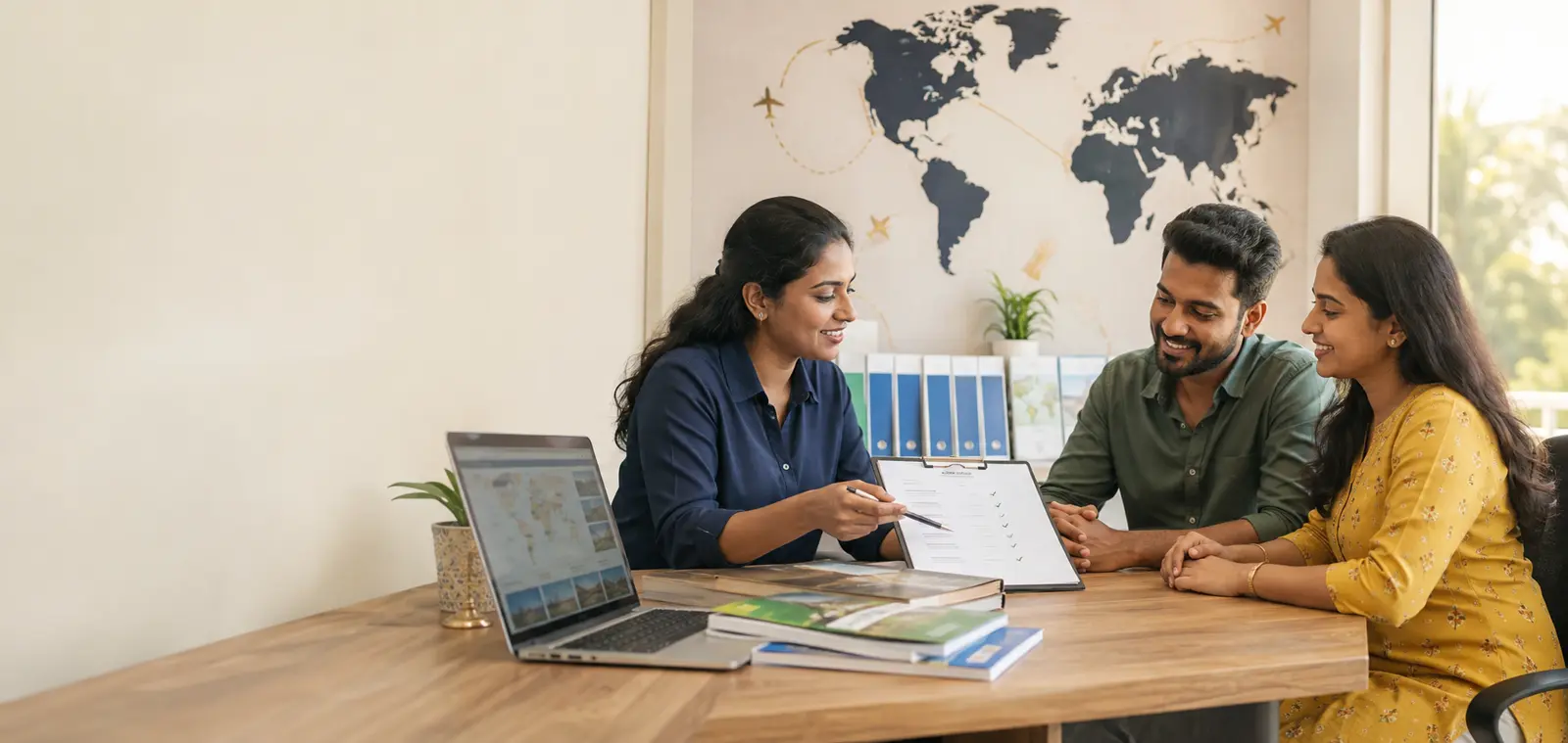 Travel consultant guiding a couple through a visa checklist